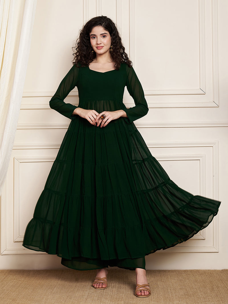 Poshak Hub Women Green Georgette Tiered Anarkali Kurta with Sharara