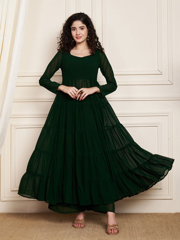 Poshak Hub Women Green Georgette Tiered Anarkali Kurta with Sharara
