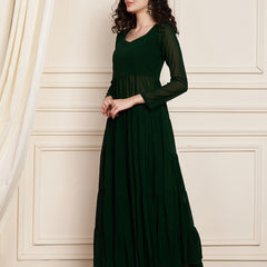 Poshak Hub Women Green Georgette Tiered Anarkali Kurta with Sharara