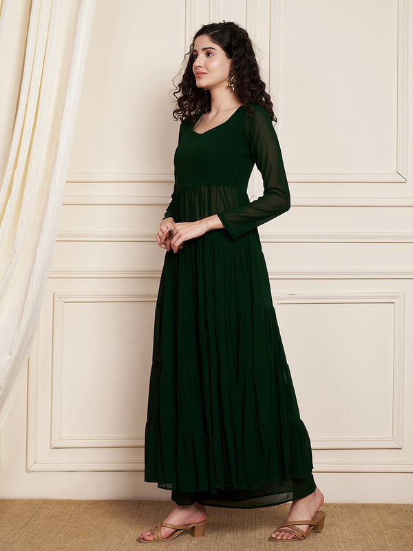 Poshak Hub Women Green Georgette Tiered Anarkali Kurta with Sharara