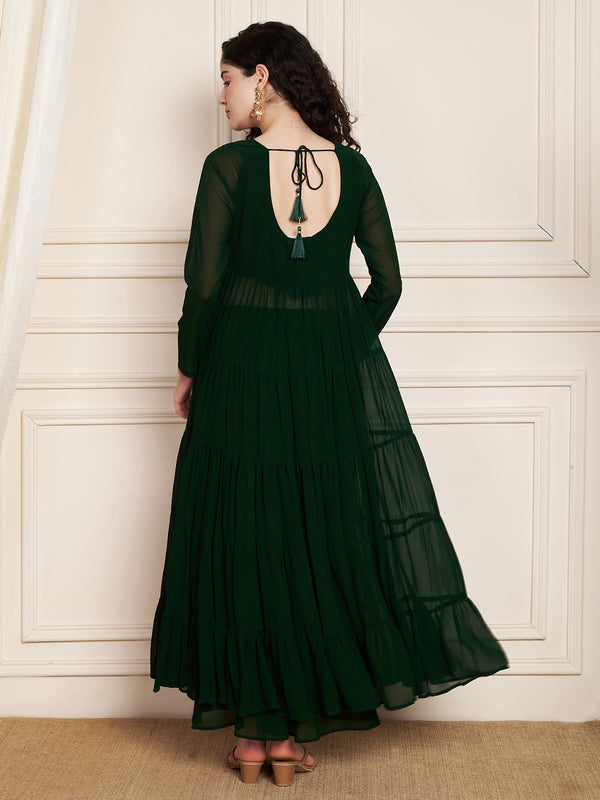 Poshak Hub Women Green Georgette Tiered Anarkali Kurta with Sharara