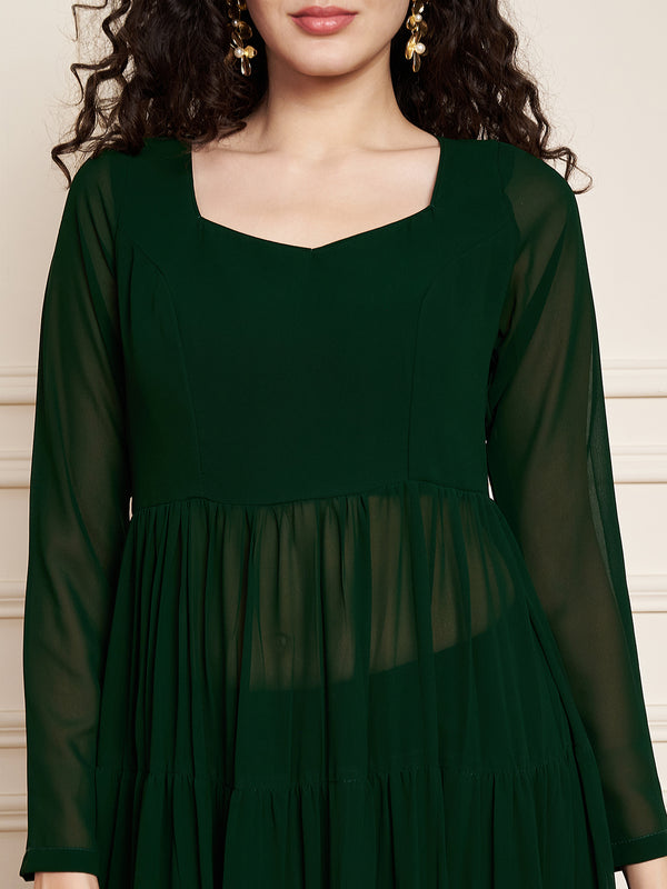 Poshak Hub Women Green Georgette Tiered Anarkali Kurta with Sharara