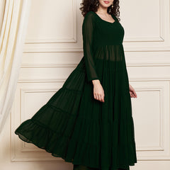 Poshak Hub Women Green Georgette Tiered Anarkali Kurta with Sharara