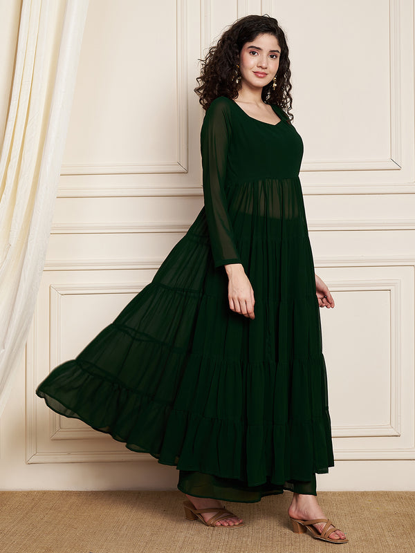 Poshak Hub Women Green Georgette Tiered Anarkali Kurta with Sharara