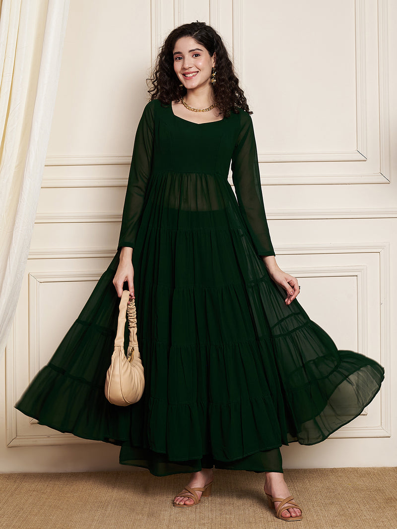 Poshak Hub Women Green Georgette Tiered Anarkali Kurta with Sharara
