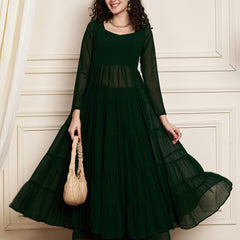 Poshak Hub Women Green Georgette Tiered Anarkali Kurta with Sharara