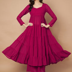 Poshak Hub Women Pink Georgette Tiered Anarkali Kurta with Sharara