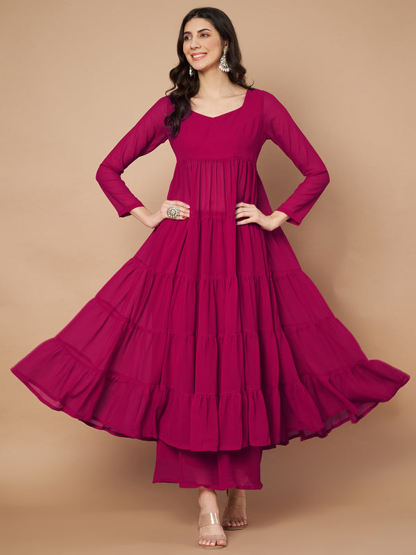 Poshak Hub Women Pink Georgette Tiered Anarkali Kurta with Sharara