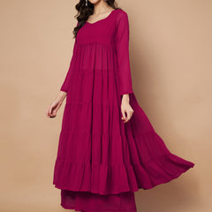 Poshak Hub Women Pink Georgette Tiered Anarkali Kurta with Sharara