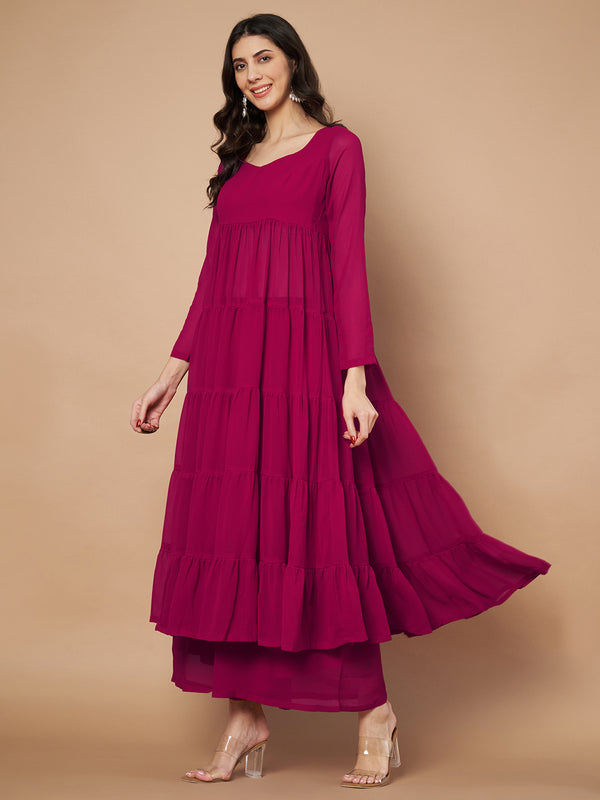 Poshak Hub Women Pink Georgette Tiered Anarkali Kurta with Sharara