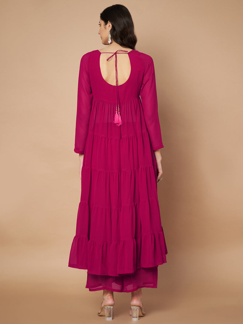 Poshak Hub Women Pink Georgette Tiered Anarkali Kurta with Sharara