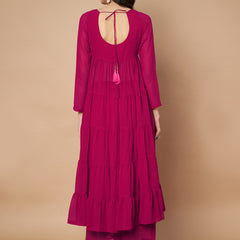 Poshak Hub Women Pink Georgette Tiered Anarkali Kurta with Sharara