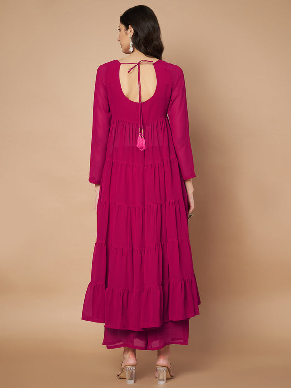 Poshak Hub Women Pink Georgette Tiered Anarkali Kurta with Sharara