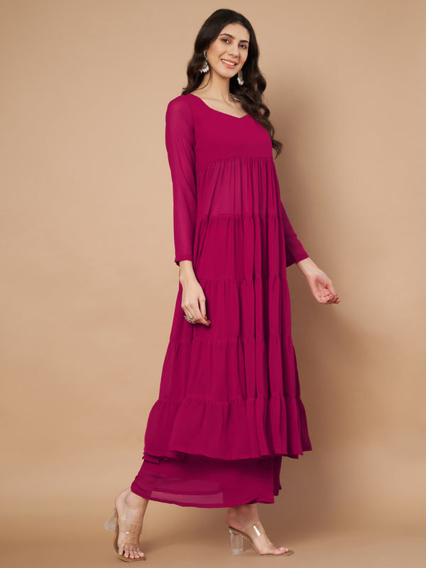 Poshak Hub Women Pink Georgette Tiered Anarkali Kurta with Sharara