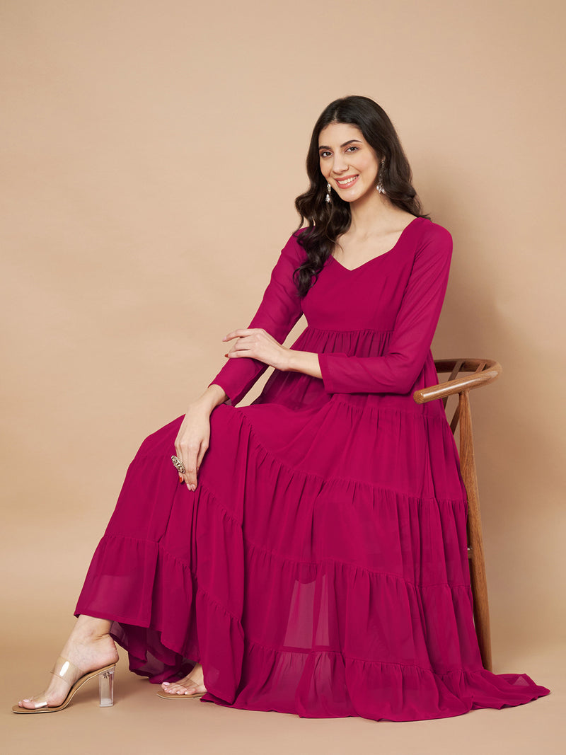 Poshak Hub Women Pink Georgette Tiered Anarkali Kurta with Sharara