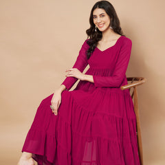 Poshak Hub Women Pink Georgette Tiered Anarkali Kurta with Sharara