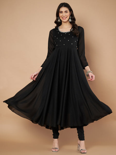 Poshak Hub Women Black Vichitra Silk Hand Embroidery Anarkali Kurta
