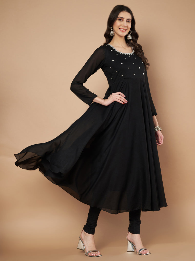 Poshak Hub Women Black Vichitra Silk Hand Embroidery Anarkali Kurta