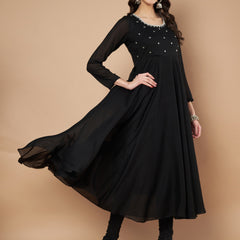 Poshak Hub Women Black Vichitra Silk Hand Embroidery Anarkali Kurta