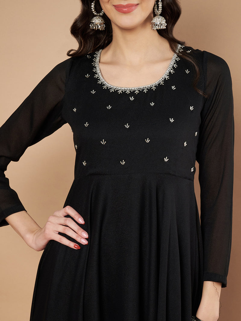 Poshak Hub Women Black Vichitra Silk Hand Embroidery Anarkali Kurta