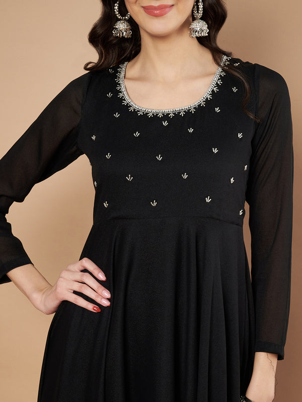 Poshak Hub Women Black Vichitra Silk Hand Embroidery Anarkali Kurta