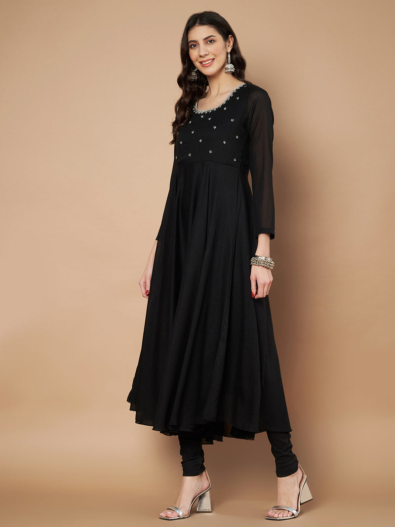 Poshak Hub Women Black Vichitra Silk Hand Embroidery Anarkali Kurta