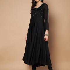 Poshak Hub Women Black Vichitra Silk Hand Embroidery Anarkali Kurta