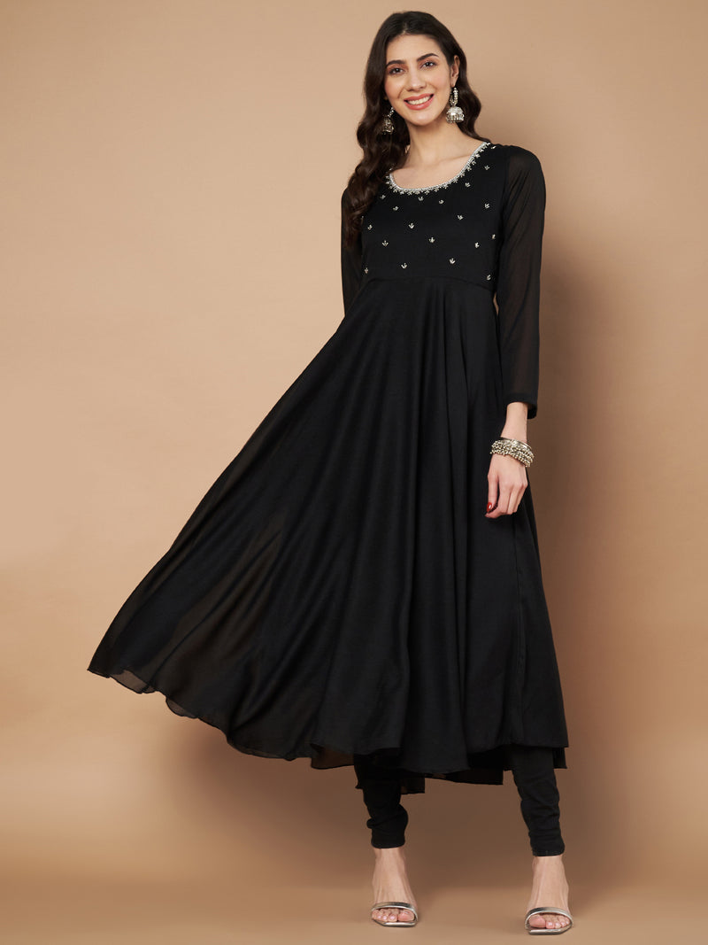 Poshak Hub Women Black Vichitra Silk Hand Embroidery Anarkali Kurta