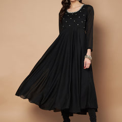 Poshak Hub Women Black Vichitra Silk Hand Embroidery Anarkali Kurta