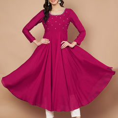 Poshak Hub Women Pink Vichitra Silk Hand Embroidery Anarkali Kurta