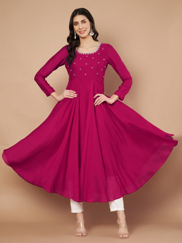 Poshak Hub Women Pink Vichitra Silk Hand Embroidery Anarkali Kurta