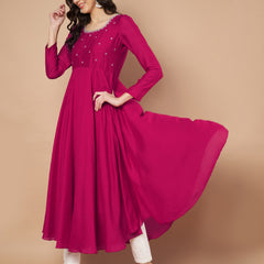 Poshak Hub Women Pink Vichitra Silk Hand Embroidery Anarkali Kurta