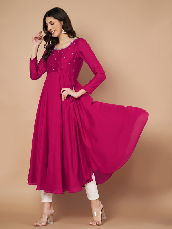 Poshak Hub Women Pink Vichitra Silk Hand Embroidery Anarkali Kurta