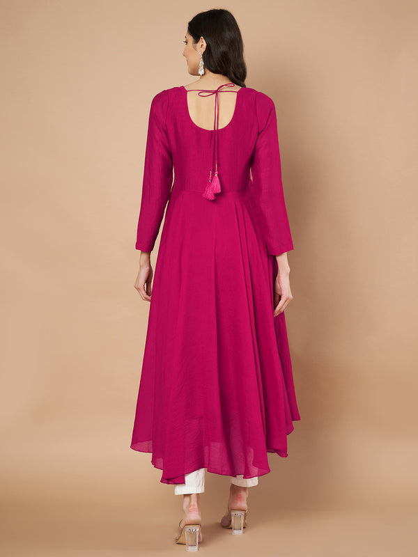 Poshak Hub Women Pink Vichitra Silk Hand Embroidery Anarkali Kurta