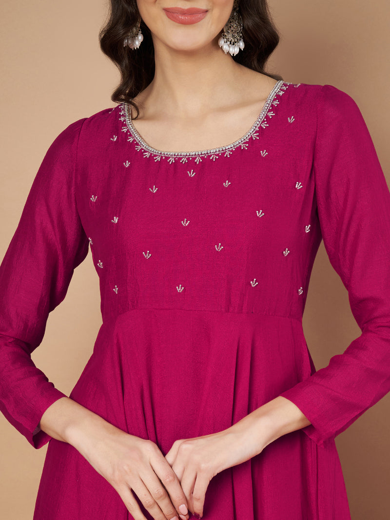 Poshak Hub Women Pink Vichitra Silk Hand Embroidery Anarkali Kurta