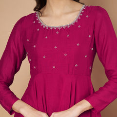 Poshak Hub Women Pink Vichitra Silk Hand Embroidery Anarkali Kurta