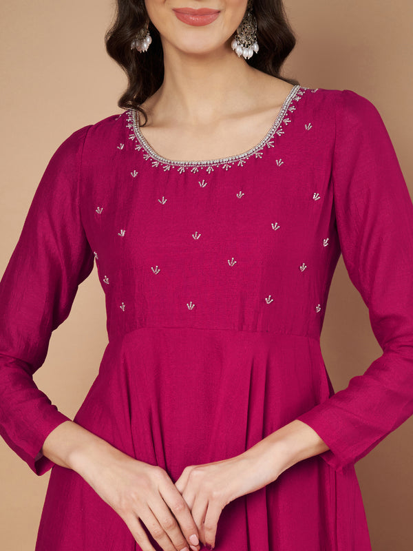 Poshak Hub Women Pink Vichitra Silk Hand Embroidery Anarkali Kurta