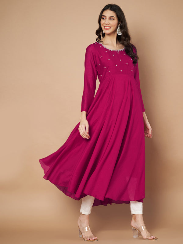Poshak Hub Women Pink Vichitra Silk Hand Embroidery Anarkali Kurta