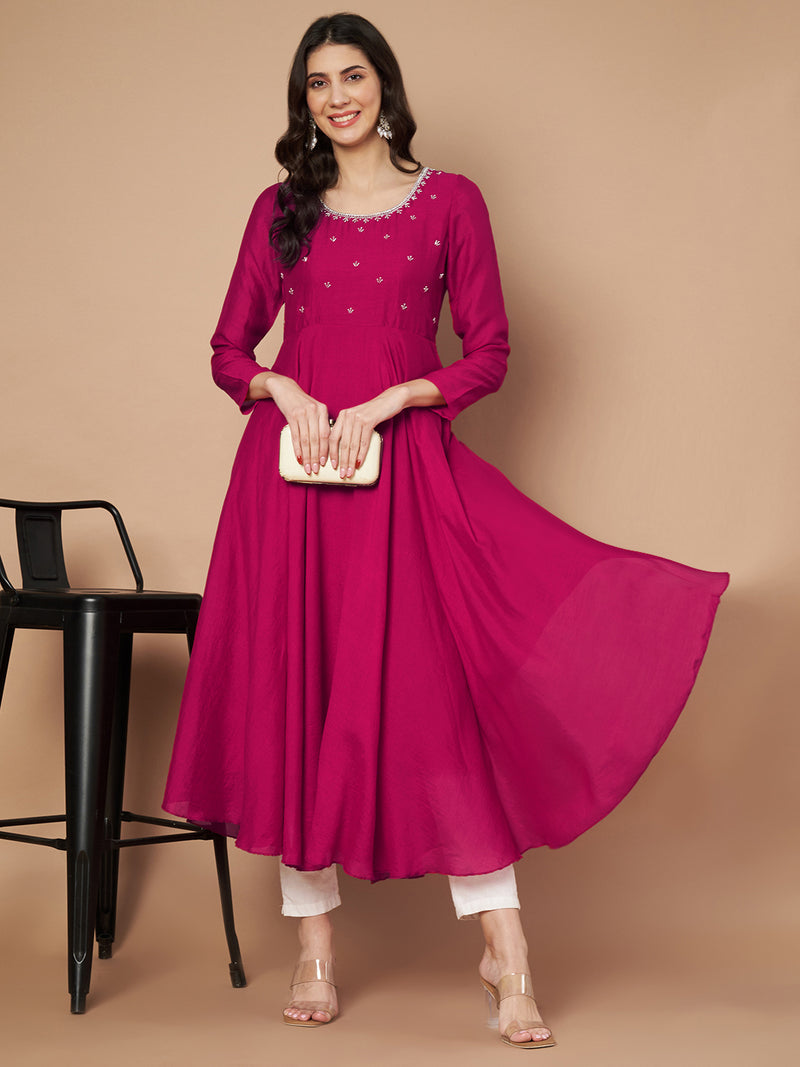 Poshak Hub Women Pink Vichitra Silk Hand Embroidery Anarkali Kurta