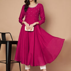 Poshak Hub Women Pink Vichitra Silk Hand Embroidery Anarkali Kurta