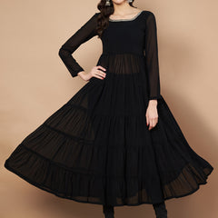 Poshak Hub Women Black Georgette Hand Embroidery Tiered Anarkali Kurta