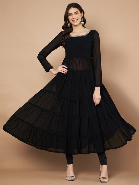 Poshak Hub Women Black Georgette Hand Embroidery Tiered Anarkali Kurta