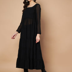Poshak Hub Women Black Georgette Hand Embroidery Tiered Anarkali Kurta