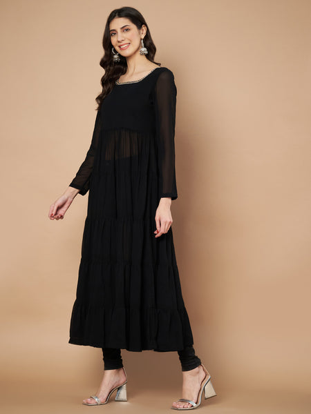 Poshak Hub Women Black Georgette Hand Embroidery Tiered Anarkali Kurta