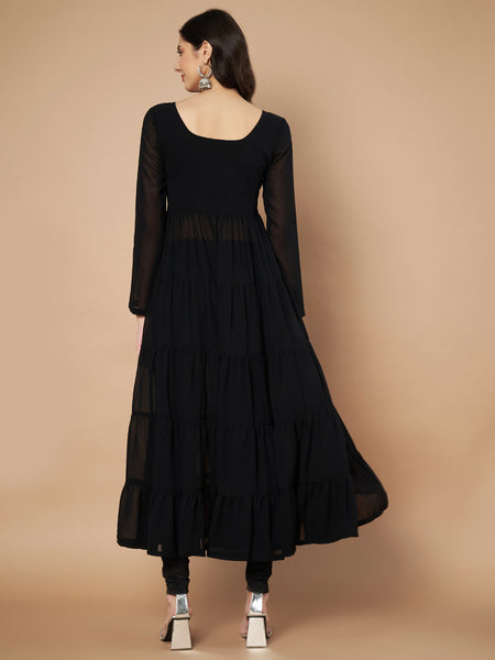 Poshak Hub Women Black Georgette Hand Embroidery Tiered Anarkali Kurta