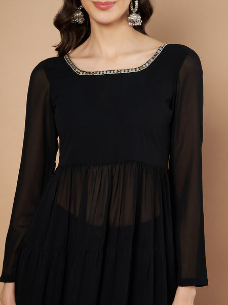 Poshak Hub Women Black Georgette Hand Embroidery Tiered Anarkali Kurta