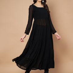 Poshak Hub Women Black Georgette Hand Embroidery Tiered Anarkali Kurta