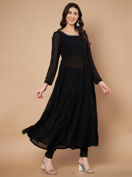 Poshak Hub Women Black Georgette Hand Embroidery Tiered Anarkali Kurta