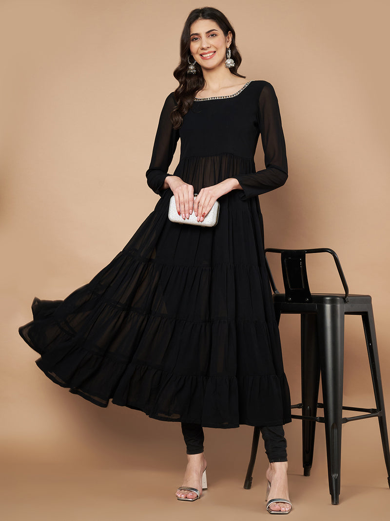Poshak Hub Women Black Georgette Hand Embroidery Tiered Anarkali Kurta