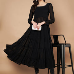 Poshak Hub Women Black Georgette Hand Embroidery Tiered Anarkali Kurta